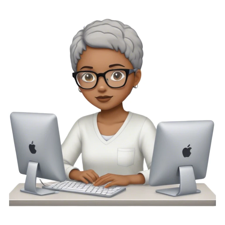 Light skinned Black girl with glasses short natural gray haircut working on computer sticker