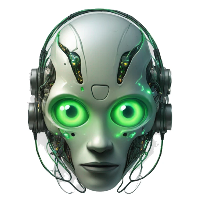 Round Alien cyborg head with glowing wires and green eyes  sticker