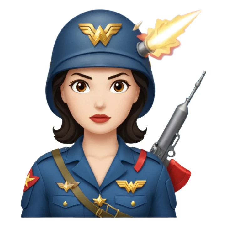 Female full confidence battle ready but pretty ground soldier heroically saving lives accompanied by Wonder Woman , with shelling happening all around sticker