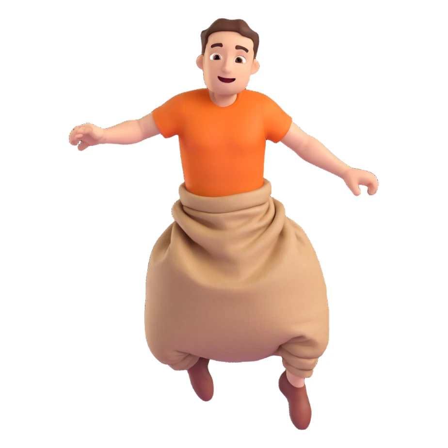 a man with both legs inside of a sack up to the waist, jumping, realistic, dynamic pose, 3D style sticker
