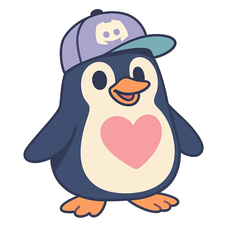 penguin with a Discord hat tilted and a big heart-shaped patch on its chest in pastel-toon style sticker