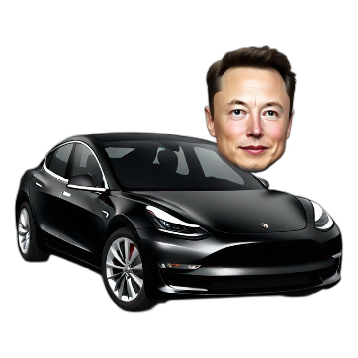 small photo-realistic Elon Musk sitting inside an all black Tesla Model 3, front view sticker