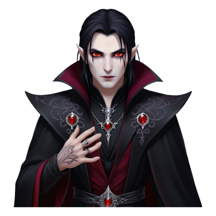 Cinematic Realistic WoW Vampire Mage Portrait, depicted with dark and mysterious elegance, wearing a flowing black robe intricately adorned with arcane silver filigree and esoteric runes. His pallid, almost ethereal skin contrasts with deep crimson, mesmerizing eyes, while his dark, slick hair falls in sleek strands. Rendered with lifelike texture and moody, dramatic lighting, high shine, noble and formidable, capturing the essence of a legendary vampire mage of Azeroth. sticker