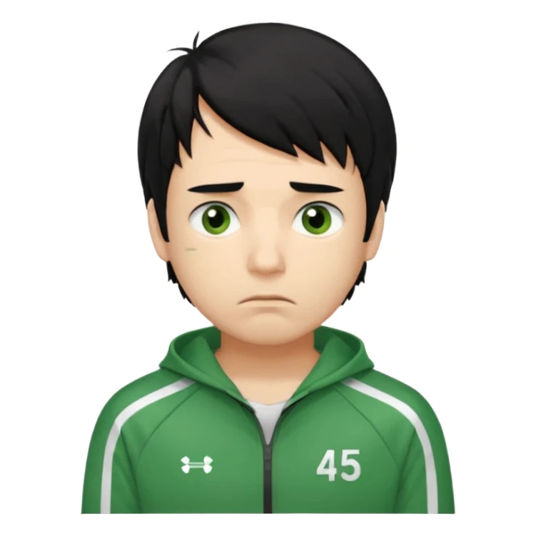 squid game player 456
Hair: Messy, medium-length black hair 🖤💇‍♂️
Face: Tired eyes, often anxious or nervous look 😟👀
Clothes: Green tracksuit with white stripes 🟢👟 (number 456 on his chest)


 sticker