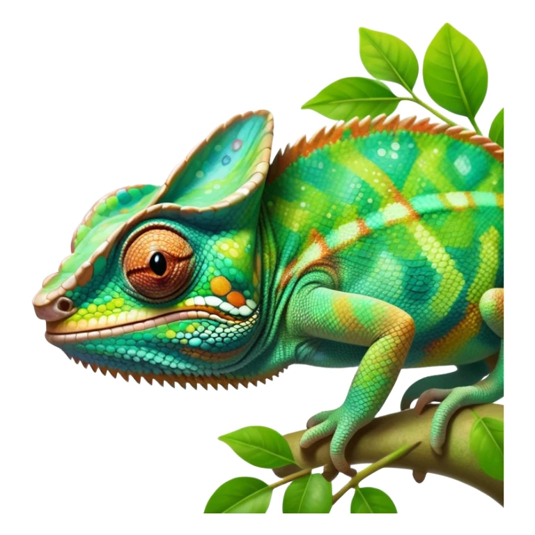 cinematic giant-smiling. chameleon-realistic emoji,-blending-with-vibrant-greenery.-detailed-scales-in-shifting-colors,-showing-the-chameleon’s-ability-to-camouflage.-soft-natural-light-highlights-its-texture.-light-background, zoomed into its face sticker