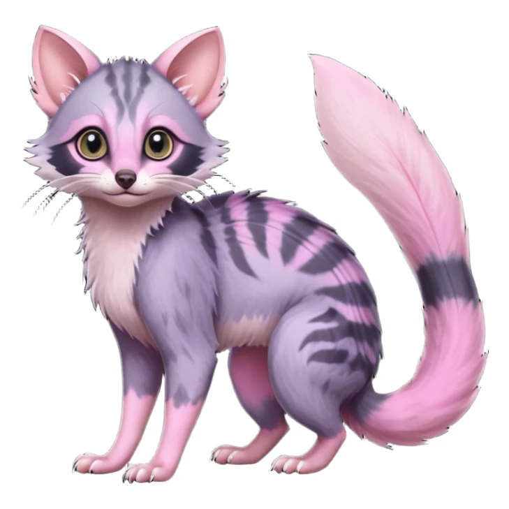 Deep dark pastel bright whitish pale Violet-pink-gradients with darker points Asian painted anime-styled big-eyed shiny glorious divine marked exotic cool beautiful realistic Lykoi-civet-genet-sergal-ocicat-oncilla-animal-Fakémon-hybrid-fursona (full body) sticker