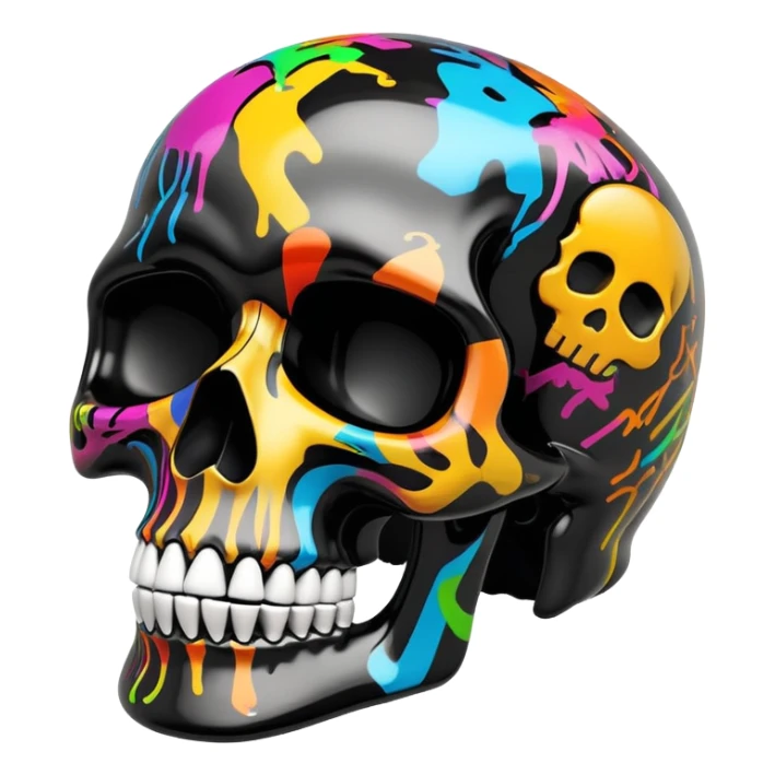 glossy black skull with colorful graffiti designs and fashion logos precisely contained inside the skull contours, three-quarter view sticker