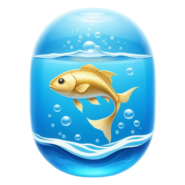 Golden omega-3 capsule floating in blue liquid currents, with an ethereal fish gently spinning around a radiant brain. Blue water waves expand from the brain, promoting mental clarity, emotional calm, and cardiovascular fluidity. sticker