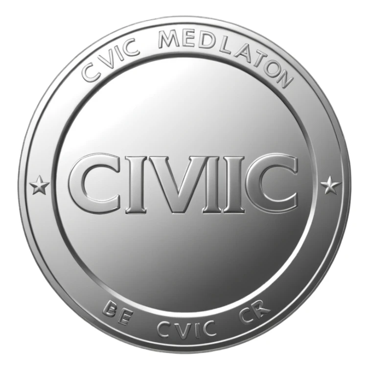 A silver coin type medallion with the words 'Civic Medallion' in large font on it. sticker