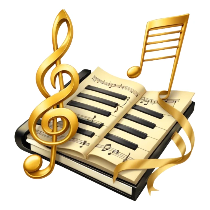 Create a bright and artistic emoji that represents music composition. The design should feature musical notes, a pencil or quill, and a sheet of music, symbolizing the creative process of composing a song. Add a touch of elegance with flowing lines to represent melody and rhythm. Incorporate piano keys arranged like a ribbon or flowing tape, symbolizing the piano's role in composition. Use gold or silver tones for sophistication, and incorporate vibrant colors to convey creativity. The background should be transparent. sticker