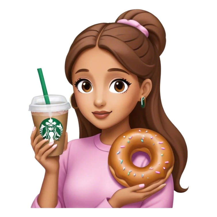 Ariana Grande holding a glazed donut and a Starbucks cup sticker