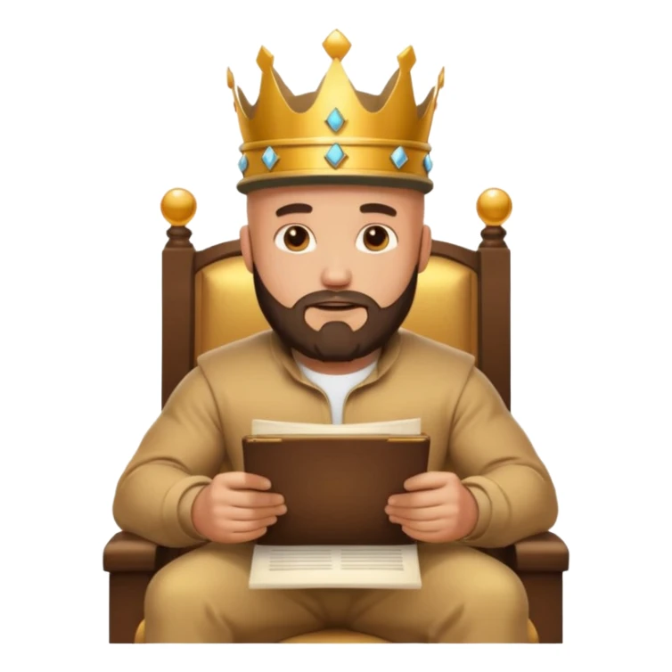 Buff bald bearded man wearing crown and cap, sitting on throne of documents, Instagram icon floating, golden glow, minimal emoji sticker