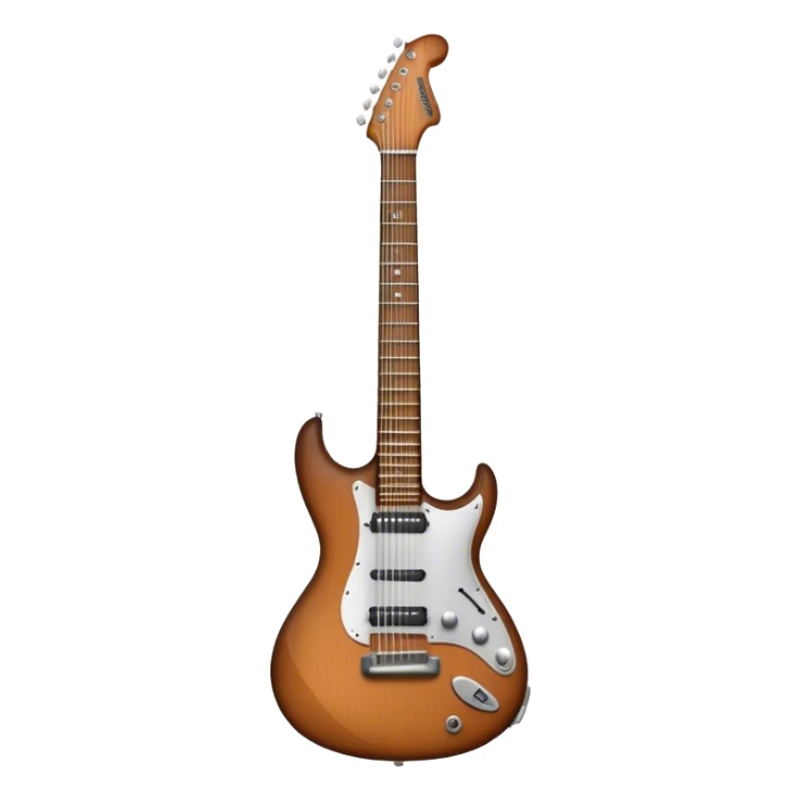 Create a sleek and detailed emoji representing a guitar. The design should feature an electric guitar or acoustic guitar with visible strings and a stylized body. Add subtle elements like musical notes to reflect the instrument's musical role. Use vibrant colors like brown for the body, black for the neck, and silver for the strings. The background should be transparent. sticker
