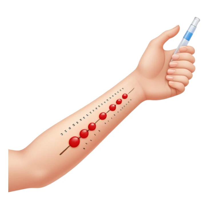 Allergy skin prick test on forearm with small red bumps showing reactions to different allergens sticker