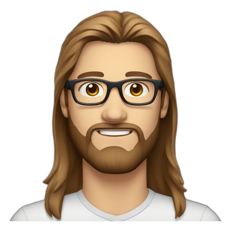 handsome guy with straight long brown hair blue eyes and transparent glasses with beard sticker