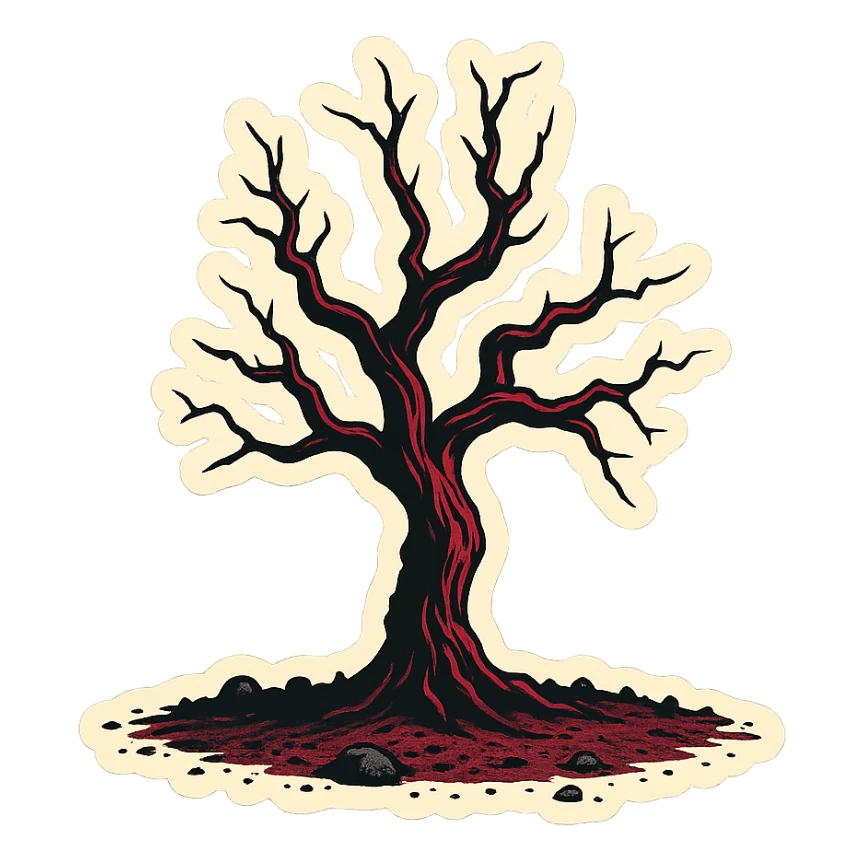Create a dark, gloomy dry tree as shown in the reference image. Use the retro stickers style with clear black outlines, expressive shadows and highlights. Avoid gradients, use only sharp color transitions. sticker
