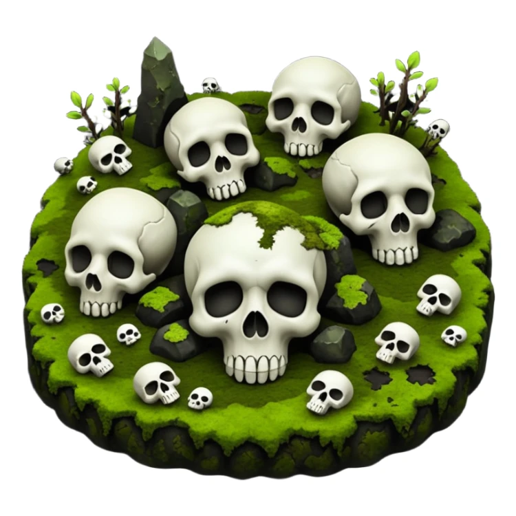 A creepy moss covered ground with skulls from a top down perspective. In the style of your bleeding skull art. sticker