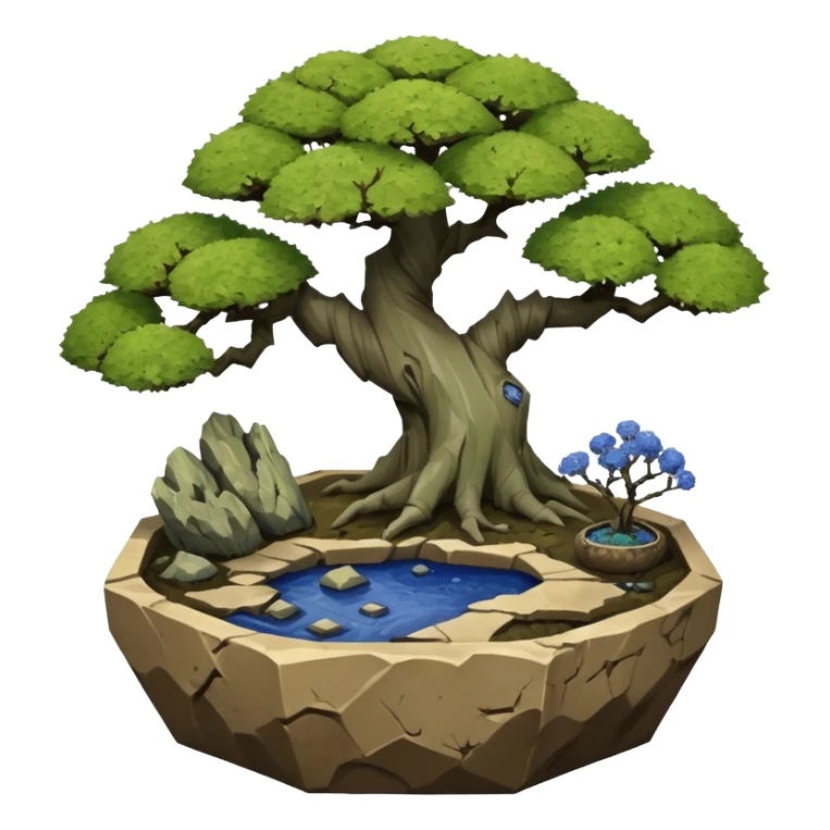 Alien landscape mudman very old broken cracked intricate Stone Age rocky-crusted irregular dodecagon-shaped shallow dark moss rough bark blue willow flowered maple tree bonsai pot sticker