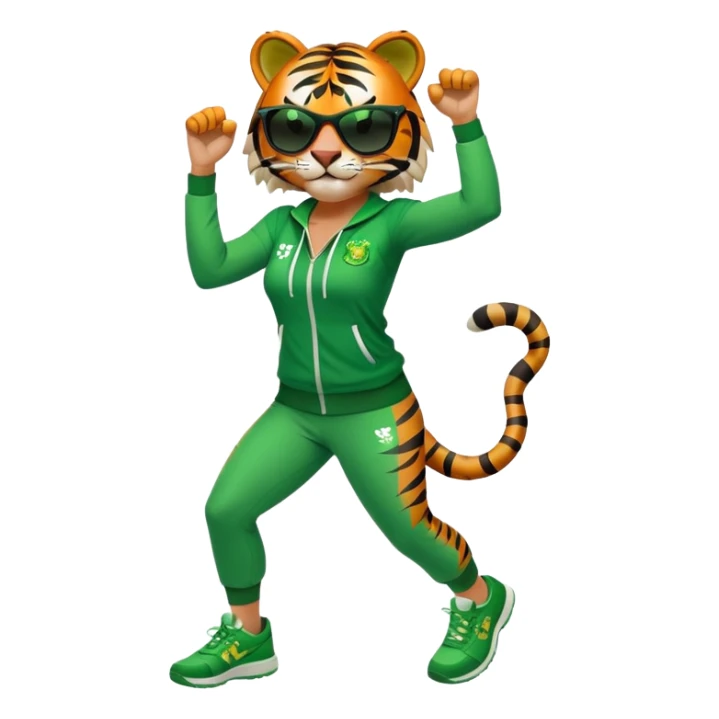 female energetic anthropomorphised tiger in full body, wearing St. Patrick's Day themed sportswear and dark sunglasses, dynamic pose sticker