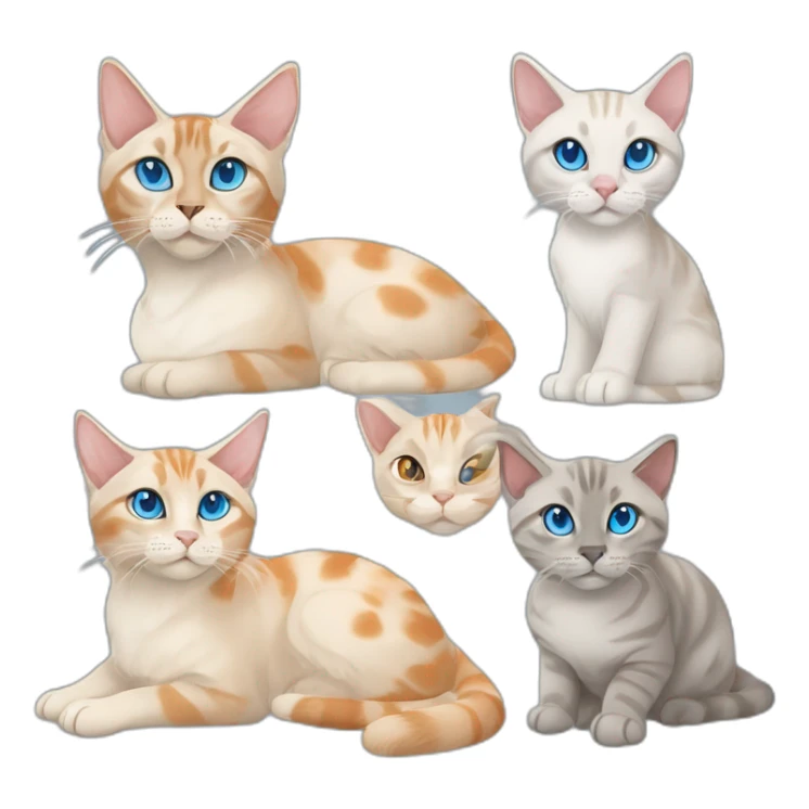 one grey lynx point siamese cat with blue eyes, one orange and white tabby cat, and one orange cat with orange eyes sticker