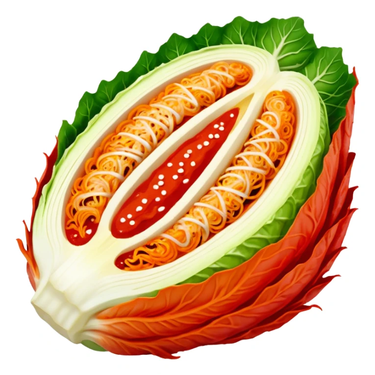 kimchi cross-section of napa cabbage fully marinated in bright red pepper paste, vibrant red, no face sticker