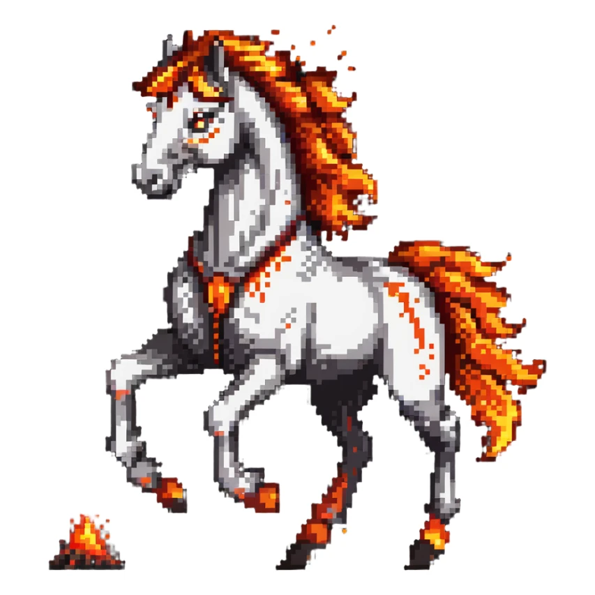 A fast-running fire horse made of embers, magma, and visible lava, with burning mane and ash particles sticker