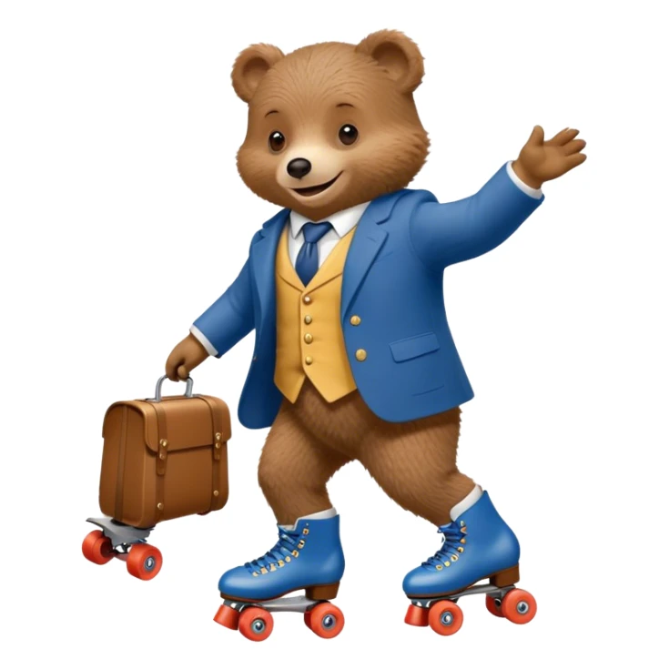 Paddington bear wearing a suit with roller skates on his hands sticker