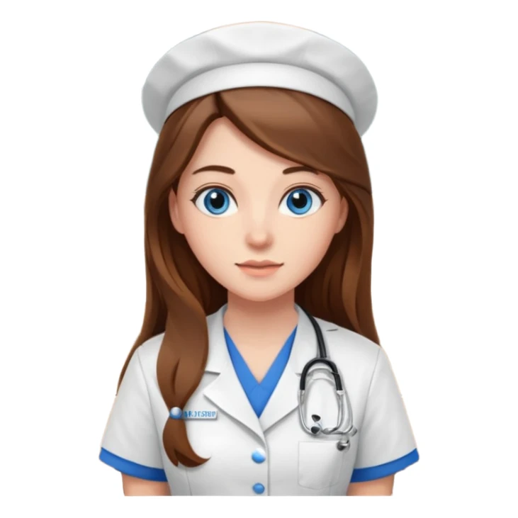 inside a classroom at university, a pretty female nursing student with long brown hair, blue eyes sticker