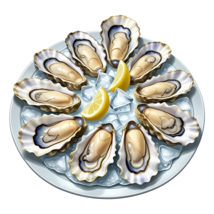 Cinematic fresh oysters on the half-shell, glistening with seawater, served with lemon wedges and ice, soft glowing highlights, elegant and luxurious. sticker