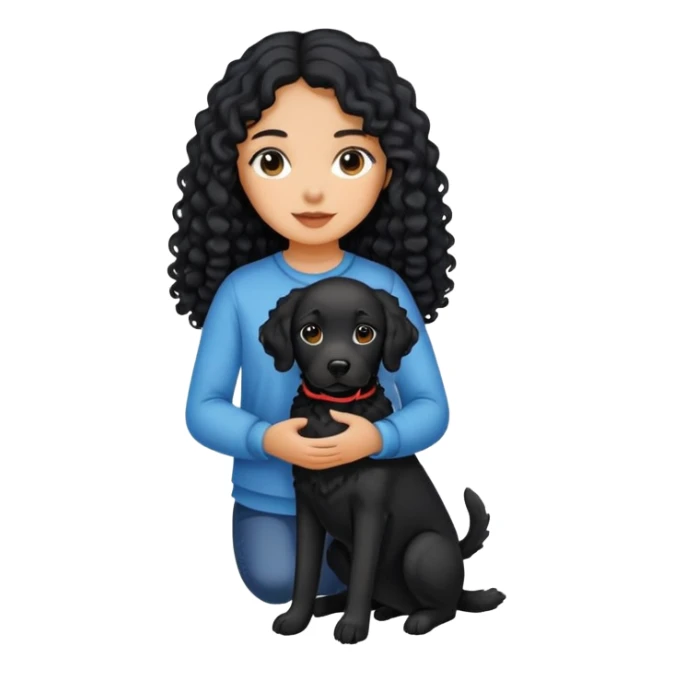 A girl with long black curly hair is holding a black Labrador. sticker