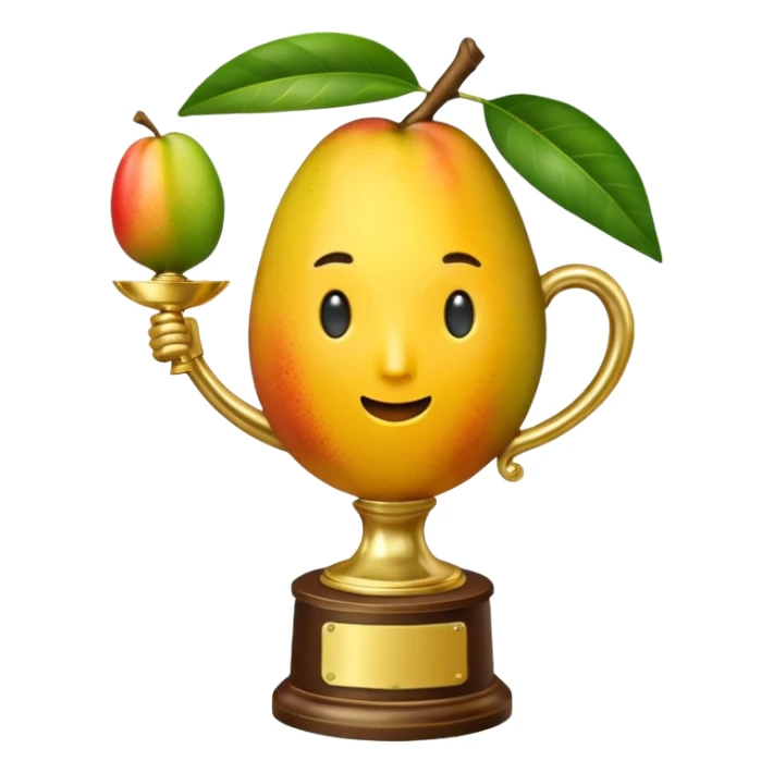 apple style emoji, trophy with a mango as the main cup, has a leaf and arms, no face sticker