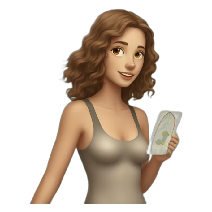 A wavy brown haired girl with a surfboard and deck of tarot cards sticker
