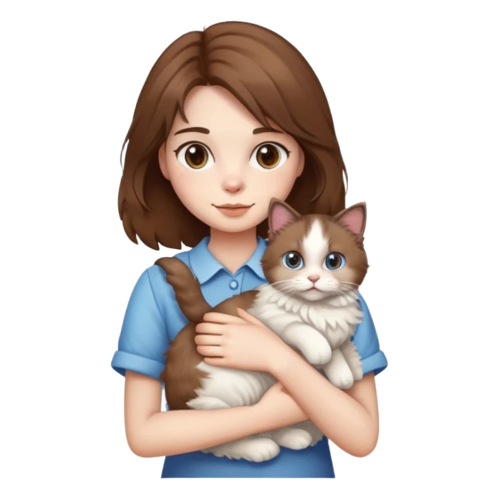 brown-haired girl holding a fluffy ragdoll cat sticker
