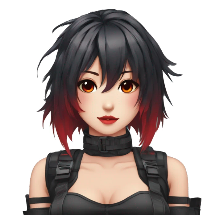 Gorgeous techwear anime style lady with blushing face aesthetic and pretty edgy black red punk hair with hair garment and collar  and harness trending style sticker