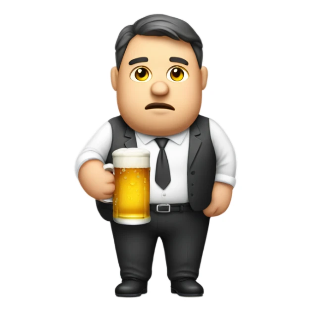 Sad fat accountant holding a beer sticker