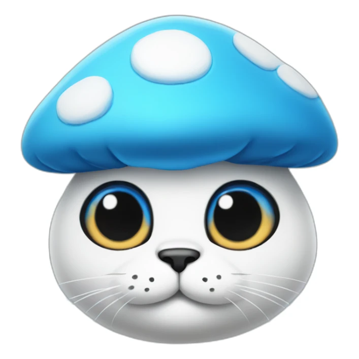 Blue smurf cat face with black eyes wearing a large white mushroom on his head sticker