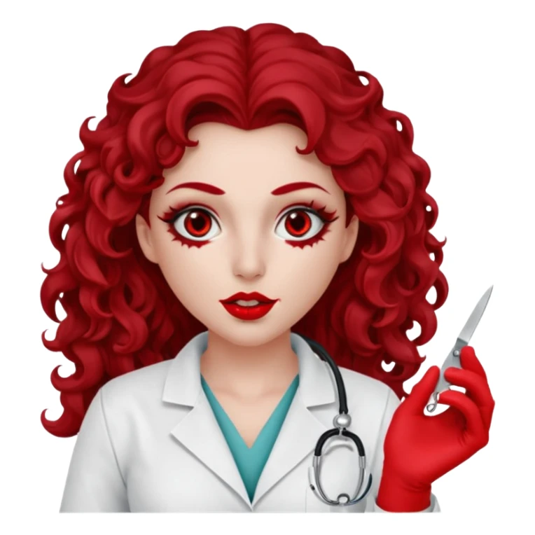 Lilith scalpel in hand, evil surgeon sexy surgeon clothes.  She has red eyes. She has dark brown long curly hair. Wears sexy doctor outfit with red gloves. Covers mouth neck and nose with red litham only covering under her nose to hide her identity sticker