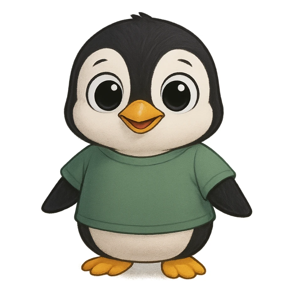 penguin with big eyes wearing a green t-shirt, friendly appearance sticker
