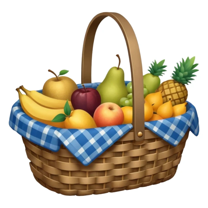 blue plaid lining basket with both food, drink and fruits sticker