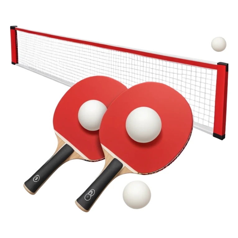 Two table tennis paddles and a ball placed on a ping pong table, with the net in the background. The scene conveys the simplicity and focus of the sport, with vibrant colors highlighting the rackets and ball on the smooth surface of the table. sticker
