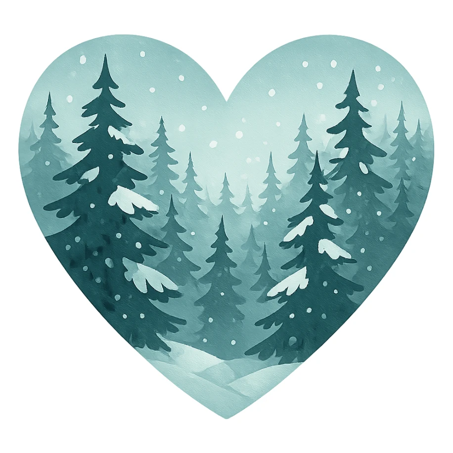 heart with a snowy pine forest theme, clean digital illustration, no background sticker