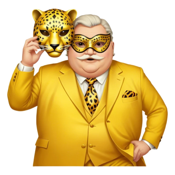 a fat old man, with a yellow suit,  wear half-face golden Leopard masquerade mask sticker