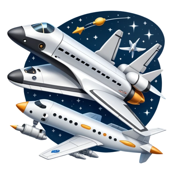 An icon featuring a space shuttle, a drone, and an airplane against a starry sky, symbolizing aerospace technology. The design includes rocket boosters and satellite orbits, representing the exploration of space and advanced aviation. Transparent background sticker