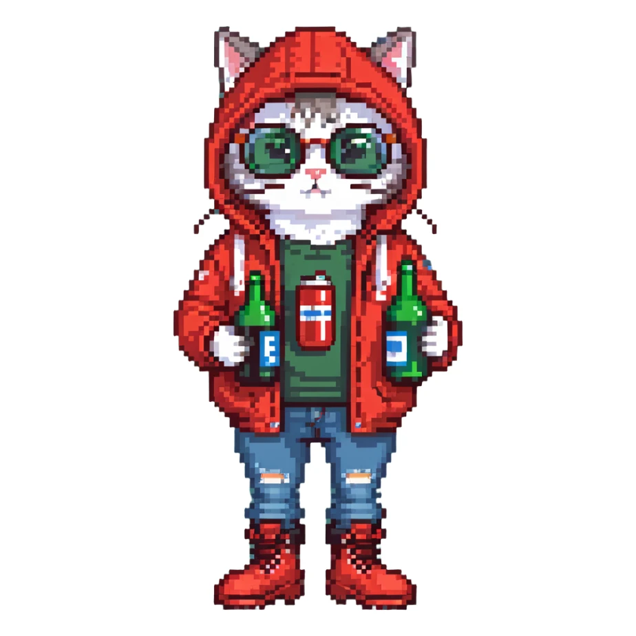Catfish wearing red hooded winter jacket, round glasses, blue jeans, red boots, holding beer can with red label sticker