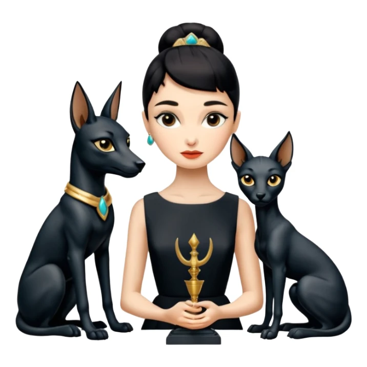 Kindly mannered real Audrey Hepburn cleopatra Protecting silky black-haired tiny statuette scale feral Anubis and pyramid scenery stone-age cracked irregular dwelling  sticker