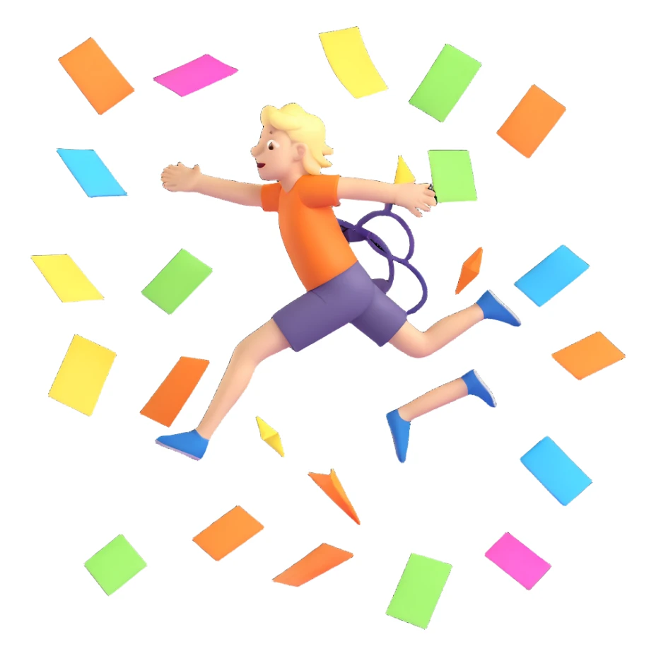 3D icon showing an energetic character leaping, multitasking, surrounded by arrows, sticky notes, spark effects, bright colors, vibrant lighting, playful chaos, planning theme sticker