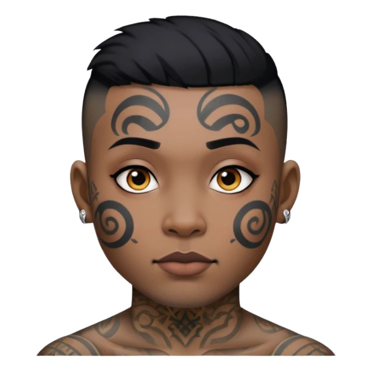 nam 30 tuổi, da đen, tóc undercut ngắn đen, có hình xăm trên mặt sticker