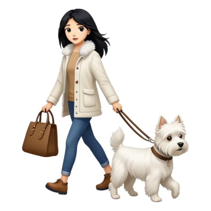 A girl with long black hair is walking a West Highland Terrier sticker
