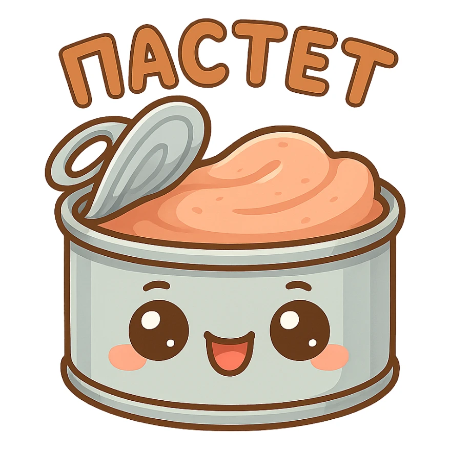Chibi style cute open pâté tin can, lid partially opened, visible smooth pâté inside, big expressive cartoon eyes on the can, happy smiling face, tiny chubby proportions, kawaii emoji style, thick clean outline, flat illustration, soft pastel colors, simple shapes, no background, Twitch emote style, readable at small size, text on top saying "ПАСТЕТ" in bold cute Cyrillic letters sticker