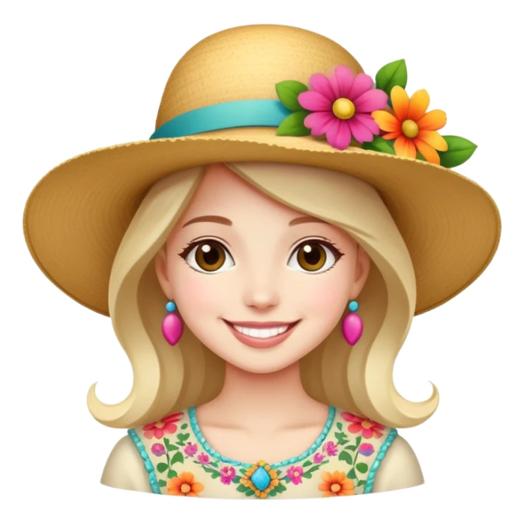 girl with a fancy wide-brimmed hat with flowers, happy face sticker